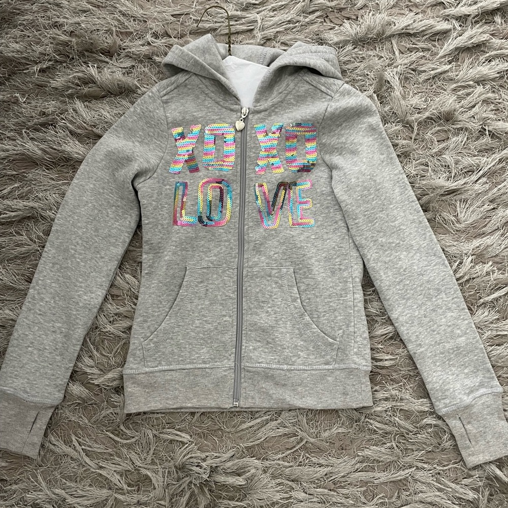 Girls zip up gray embroidered hoodie